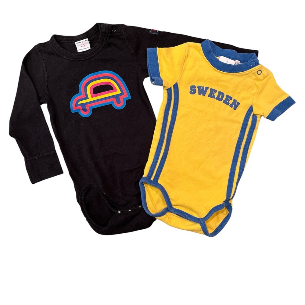 Polarn O. Pyret Black Onesie and Yellow Sweden Onesie